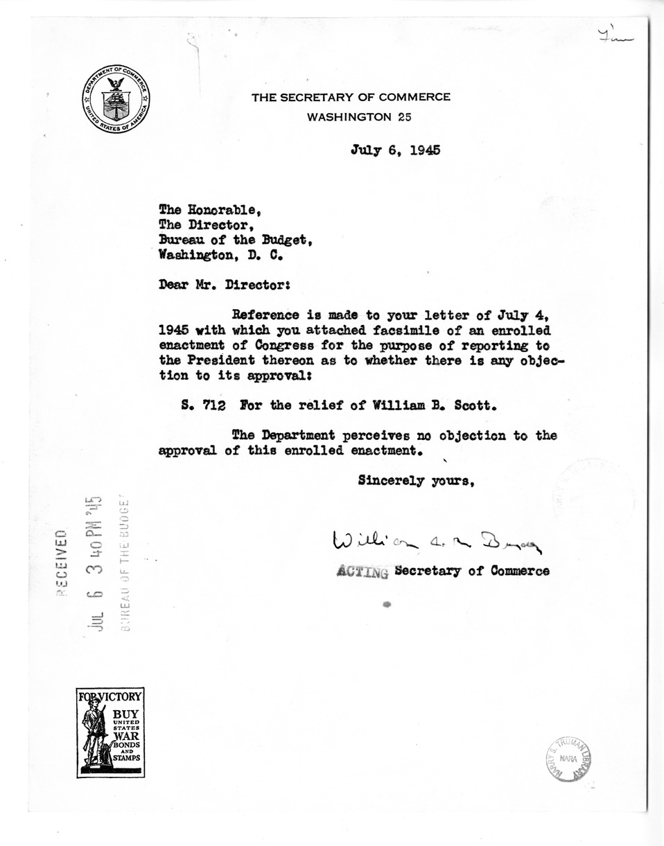 Memorandum from Frederick J. Bailey to M. C. Latta, S. 712, for the Relief of William B. Scott, with Attachments