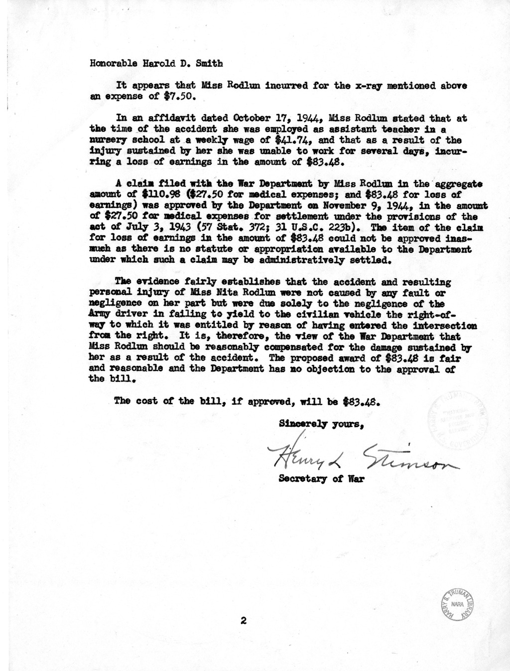 Memorandum from Frederick Bailey to M. C. Latta, S. 748, For the Relief of Nita Rodlun, with Attachments
