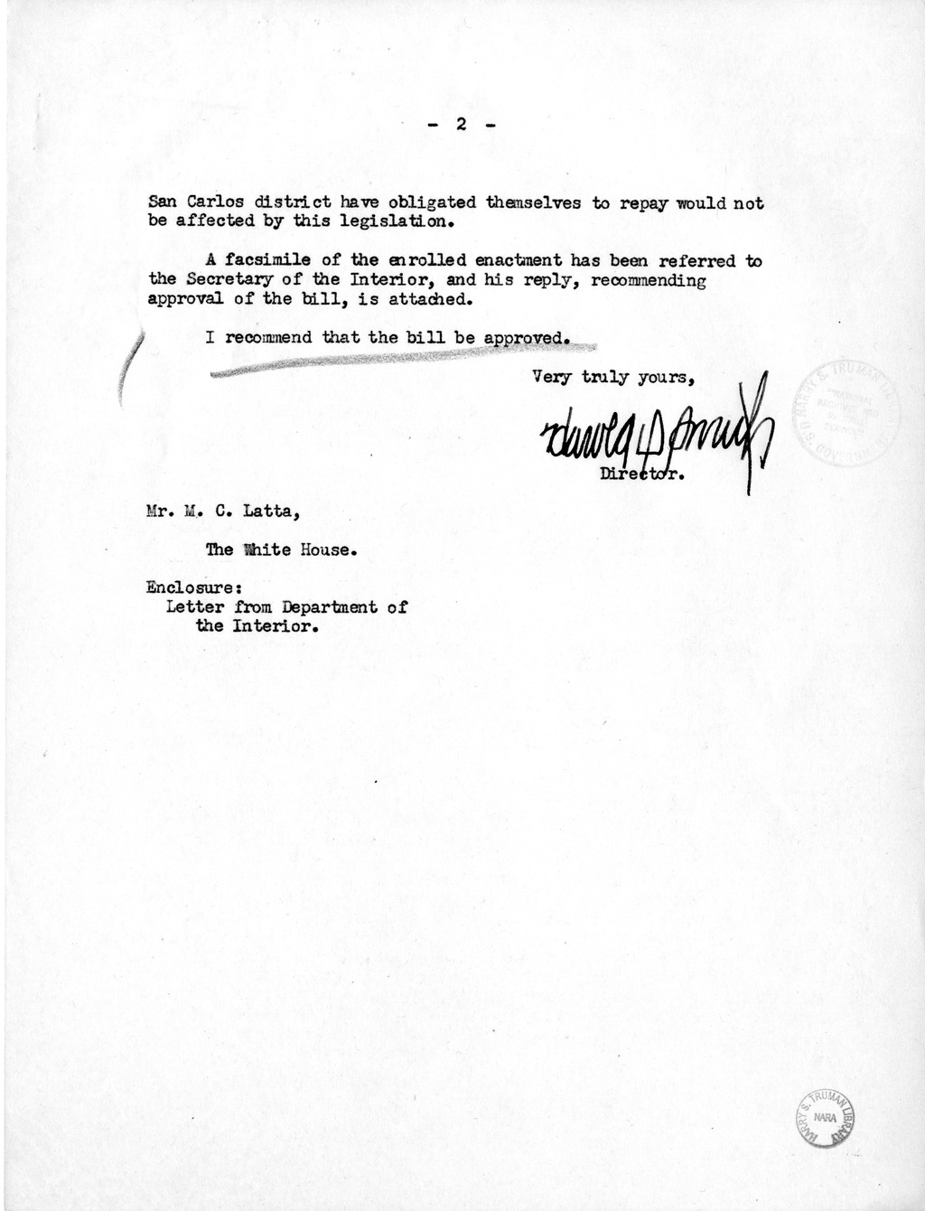 Memorandum from Harold D. Smith to M. C. Latta, S. 812, To Amend Section 3 of the San Carlos Act (43 Stat. 475-476) as Supplemented and Amended, and for Other Purposes, with Attachments