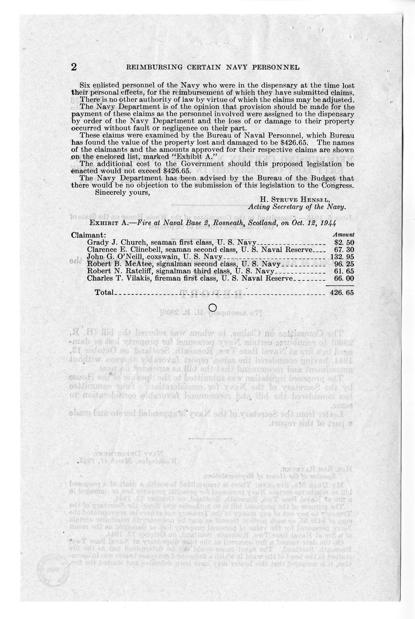 Memorandum from Frederick Bailey to M. C. Latta, S. 822, To Reimburse Certain Navy Personnel for Personal Property Lost or Damaged in a Fire at Naval Base Two, Rosneath, Scotland, on October 12, 1944, with Attachments