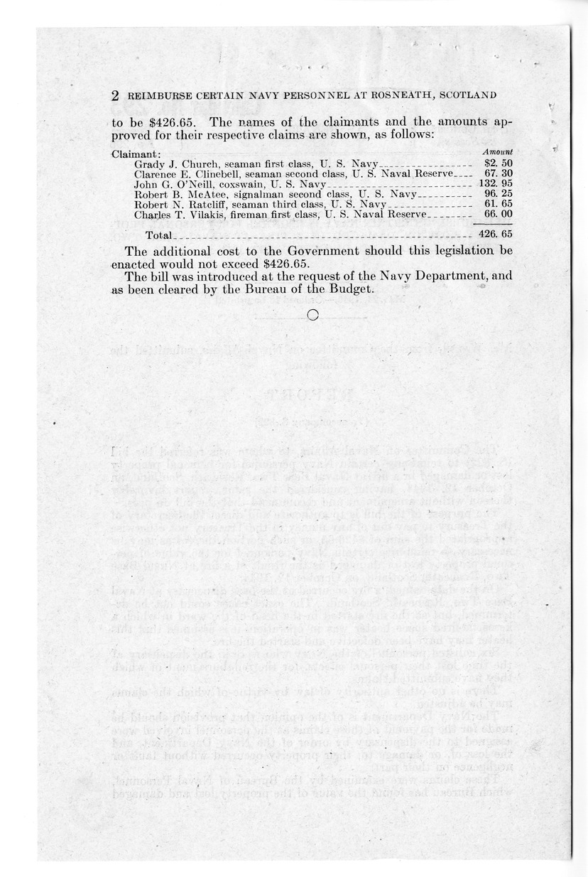 Memorandum from Frederick Bailey to M. C. Latta, S. 822, To Reimburse Certain Navy Personnel for Personal Property Lost or Damaged in a Fire at Naval Base Two, Rosneath, Scotland, on October 12, 1944, with Attachments