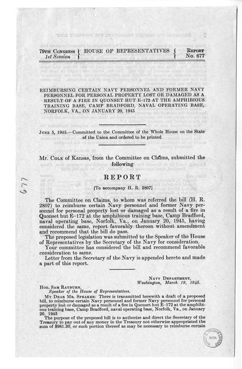 Memorandum from Frederick Bailey to M. C. Latta, S. 824, To Reimburse Certain Navy Personnel and Former Navy Personnel for Personal Property Lost or Damaged as a Result of a Fire in Quonset Hut E-172 at the Amphibious Training Base, Norfolk, Virginia, on 