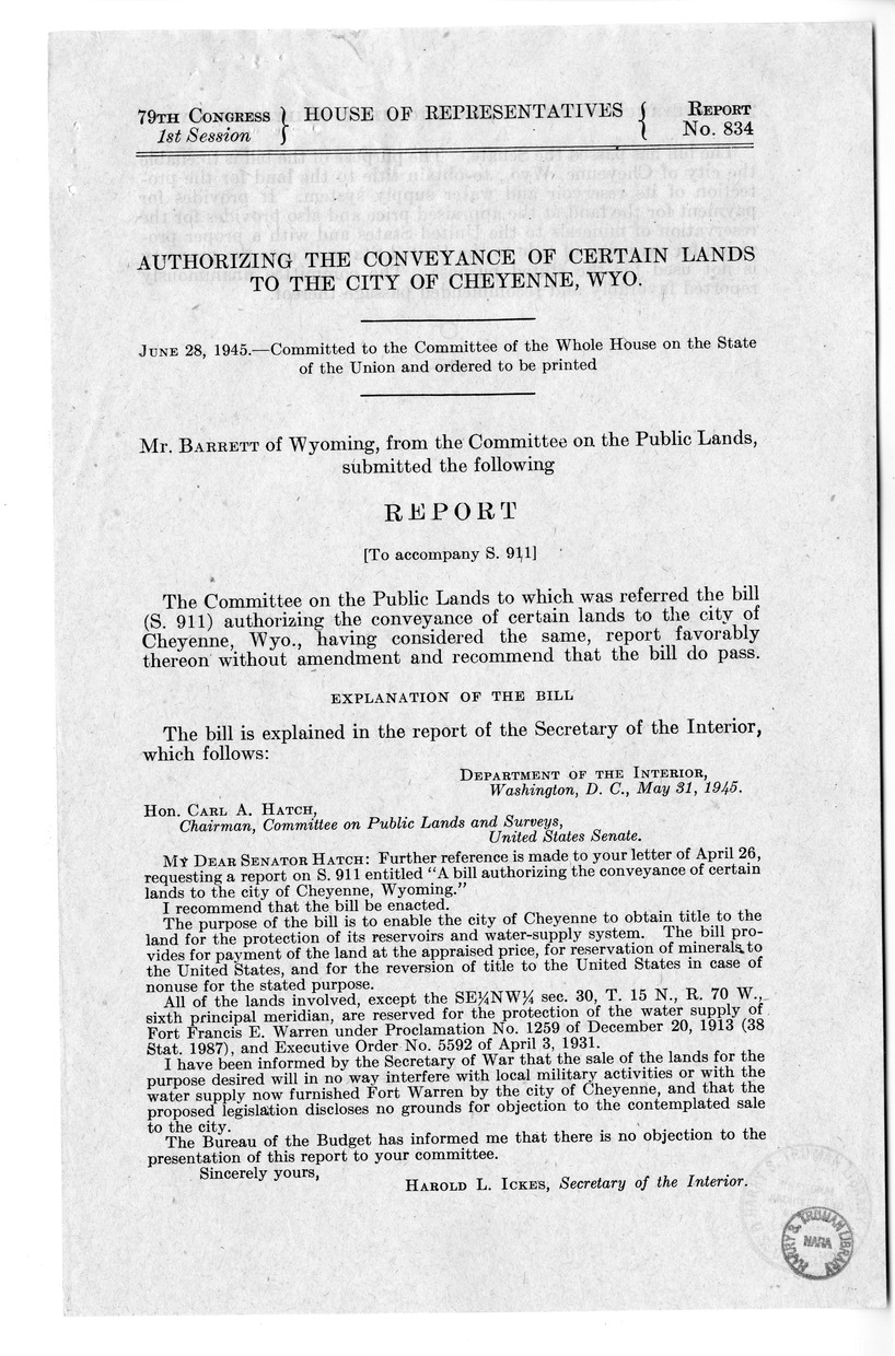 Memorandum from Frederick Bailey to M. C. Latta, S. 911, Authorizing the Conveyance of Certain Lands to the City of Cheyenne, Wyoming, with Attachments