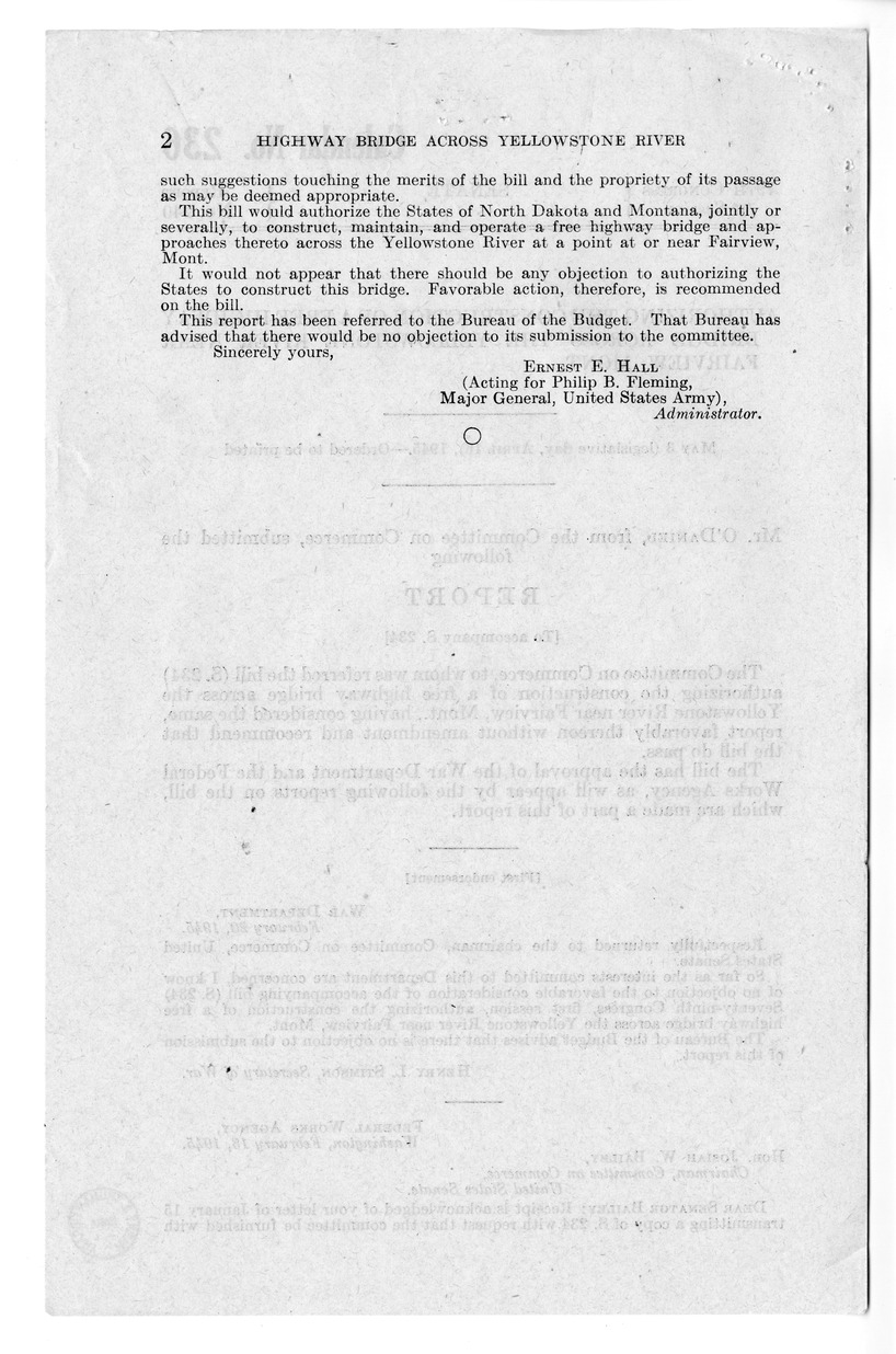 Memorandum from Frederick Bailey to M. C. Latta, S. 234, Authorizing the Construction of a Free Bridge Across the Yellowstone River Near Fairview, Montana, with Attachments