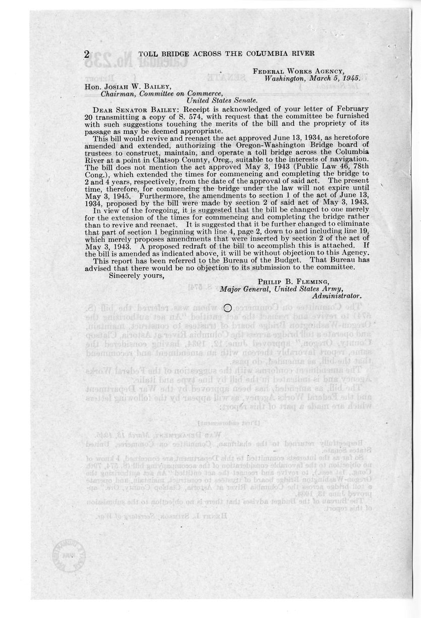 Memorandum from Frederick Bailey to M. C. Latta, S. 574, To Extend the Times for Commencing and Completing the Construction of a Bridge Across the Columbia River in Clatsop County, Oregon, with Attachments