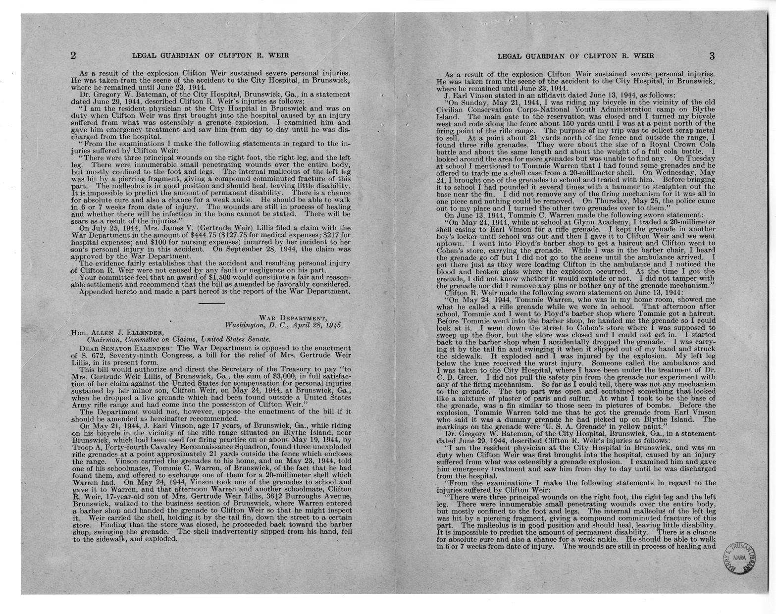 Memorandum from Frederick Bailey to M. C. Latta, S. 672, For the Relief of the Legal Guardian of Clifton R. Weir, with Attachments