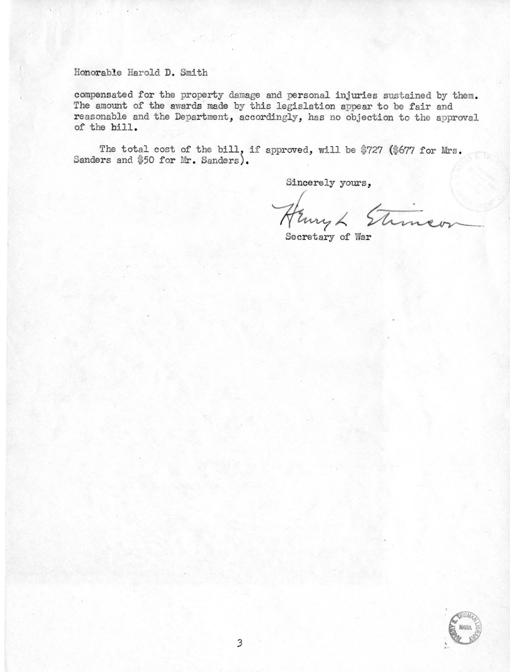 Memorandum from Frederick Bailey to M. C. Latta, S. 956, For the Relief of Mr. and Mrs. Stephen E. Sanders, with Attachments
