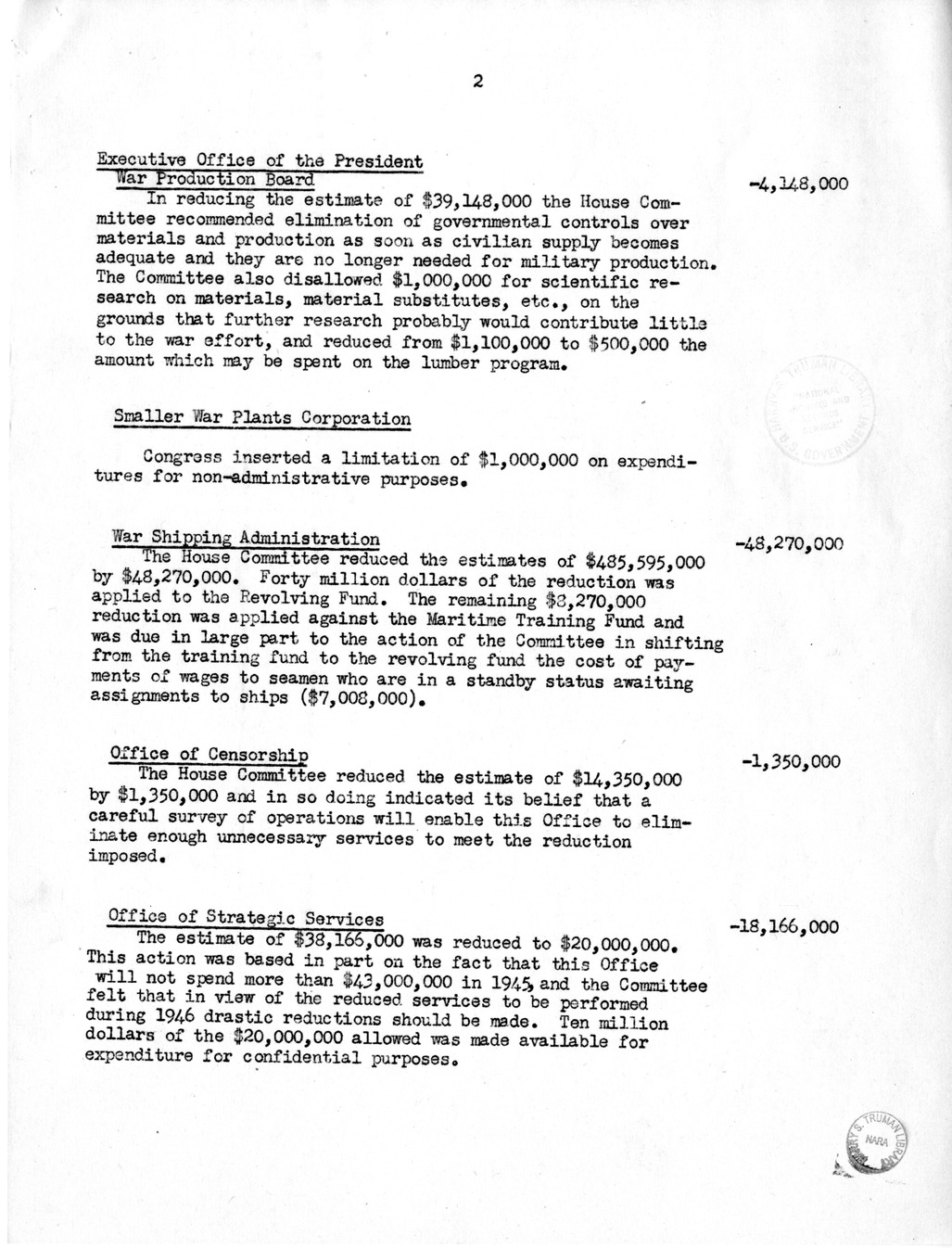 Memorandum from Harold D. Smith to M. C. Latta, H.R. 3368, Making Appropriations for War Agencies for the Fiscal Year Ending June 30, 1946, and for Other Purposes, with Attachments