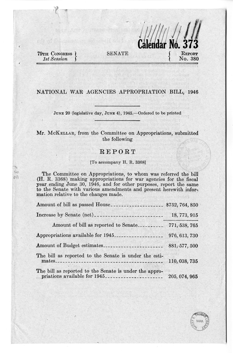 Memorandum from Harold D. Smith to M. C. Latta, H.R. 3368, Making Appropriations for War Agencies for the Fiscal Year Ending June 30, 1946, and for Other Purposes, with Attachments