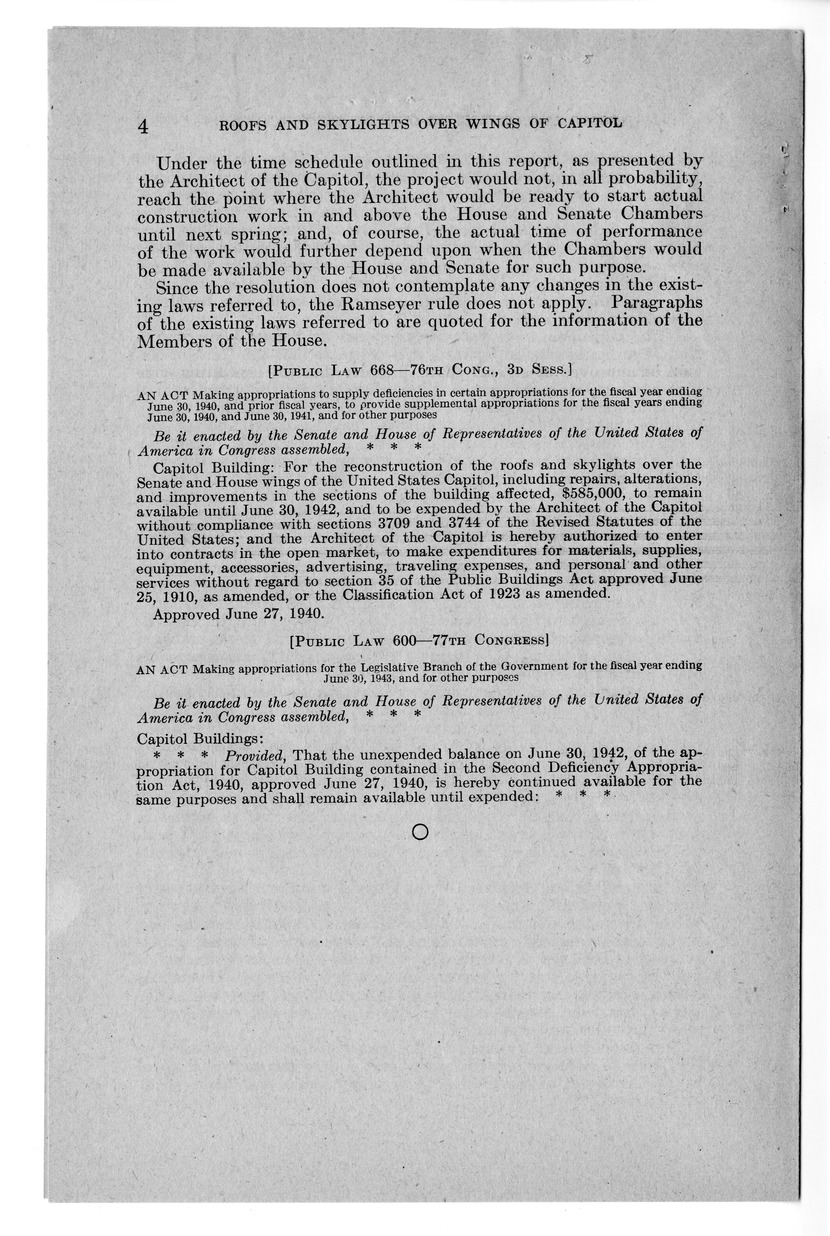 Memorandum from Harold D. Smith to M. C. Latta, S.J. Res. 31, Relating to the Appropriation for the Roofs and Skylights Over the Senate and House Wings of the Capitol, and for Other Purposes, with Attachments