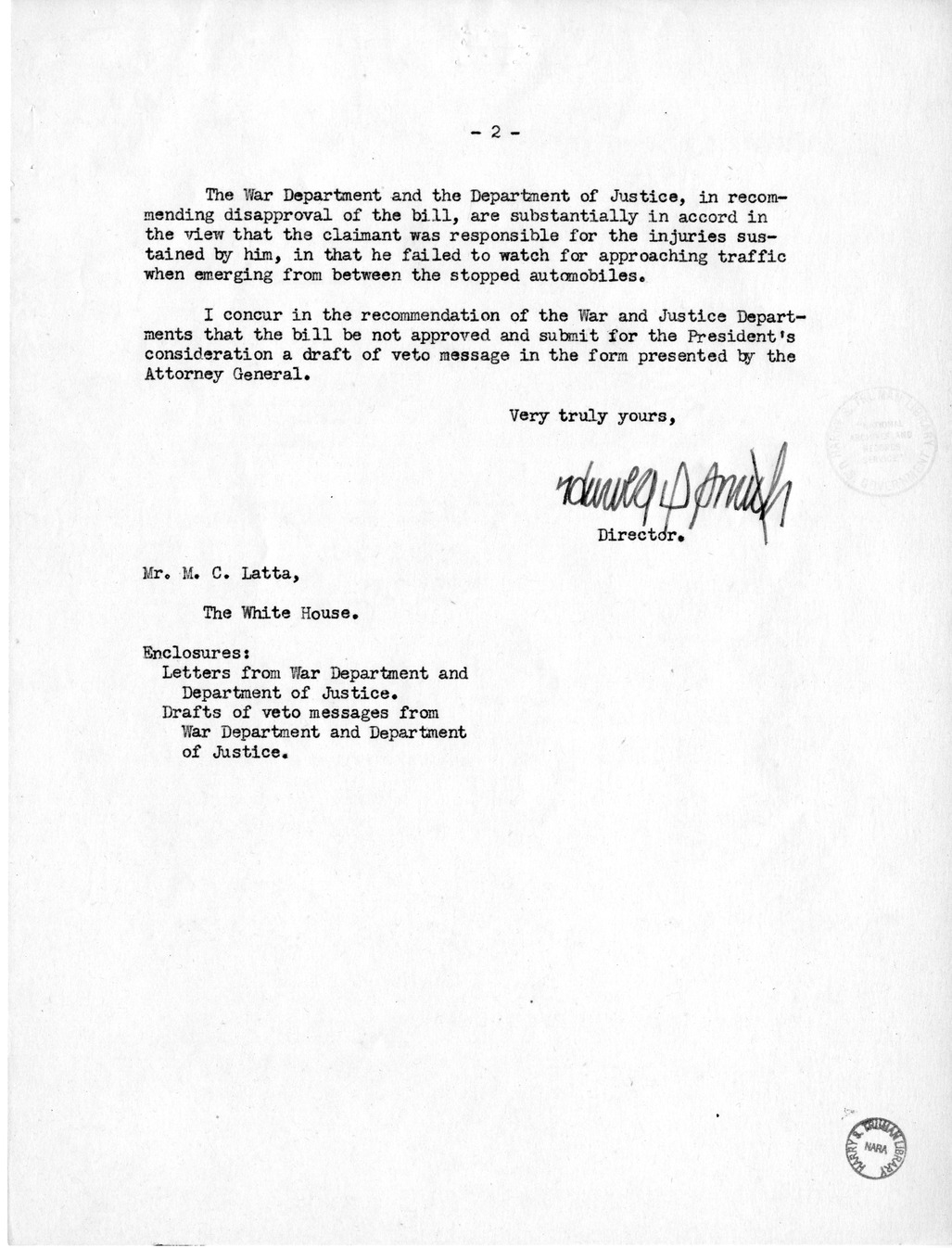 Memorandum from Harold D. Smith to M. C. Latta, H.R. 259, For the Relief of Leo Gottlieb, with Attachments