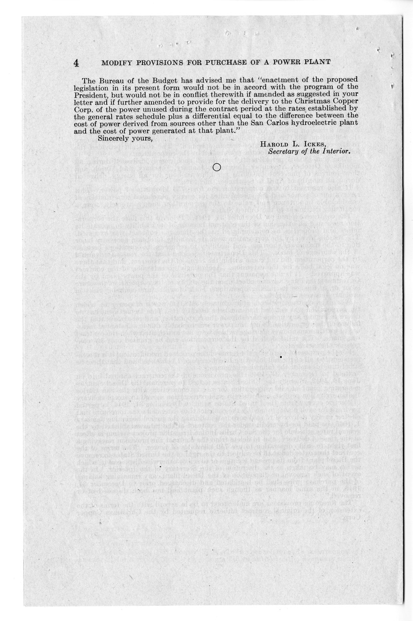 Memorandum from Harold D. Smith to M. C. Latta, H.R. 1656, To Authorize the Secretary of the Interior to Modify the Provisions of a Contract for the Purchase of a Power Plant for Use in Connection with the San Carlos Irrigation Project, with Attachments