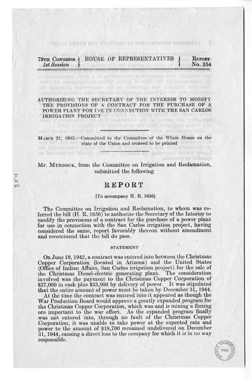 Memorandum from Harold D. Smith to M. C. Latta, H.R. 1656, To Authorize the Secretary of the Interior to Modify the Provisions of a Contract for the Purchase of a Power Plant for Use in Connection with the San Carlos Irrigation Project, with Attachments