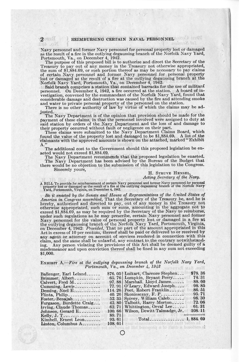 Memorandum from Harold D. Smith to M. C. Latta, H.R. 2615, To Provide for Reimbursement of Certain Navy Personnel and Former Navy Personnel for Personal Property Lost or Damaged as the Result of a Fire at the Outlying Degaussing Branch of the Norfolk Navy