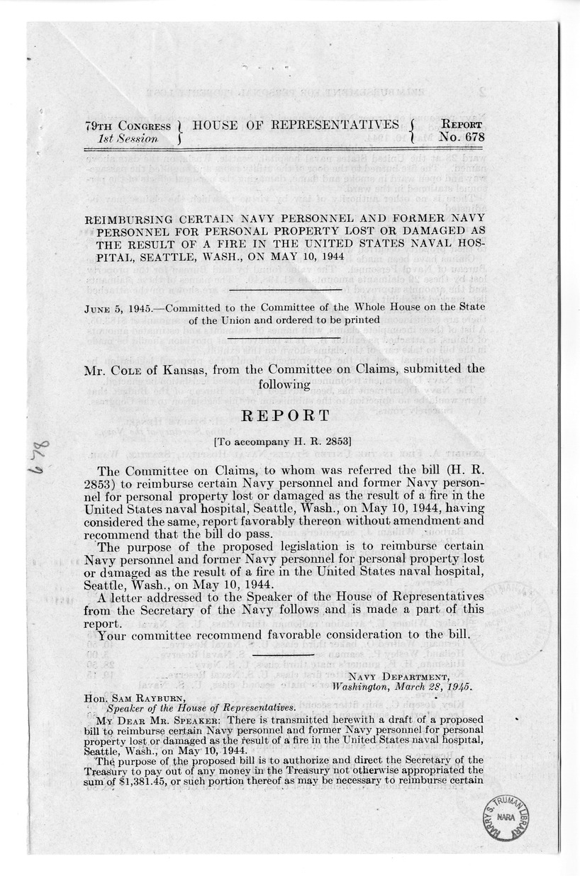 Memorandum from Harold D. Smith to M. C. Latta, H.R. 2853, To Reimburse Certain Navy Personnel and Former Navy Personnel for Personal Property Lost or Damaged as the Result of a Fire in the United States Naval Hospital, Seattle, Washington, on May 10, 194