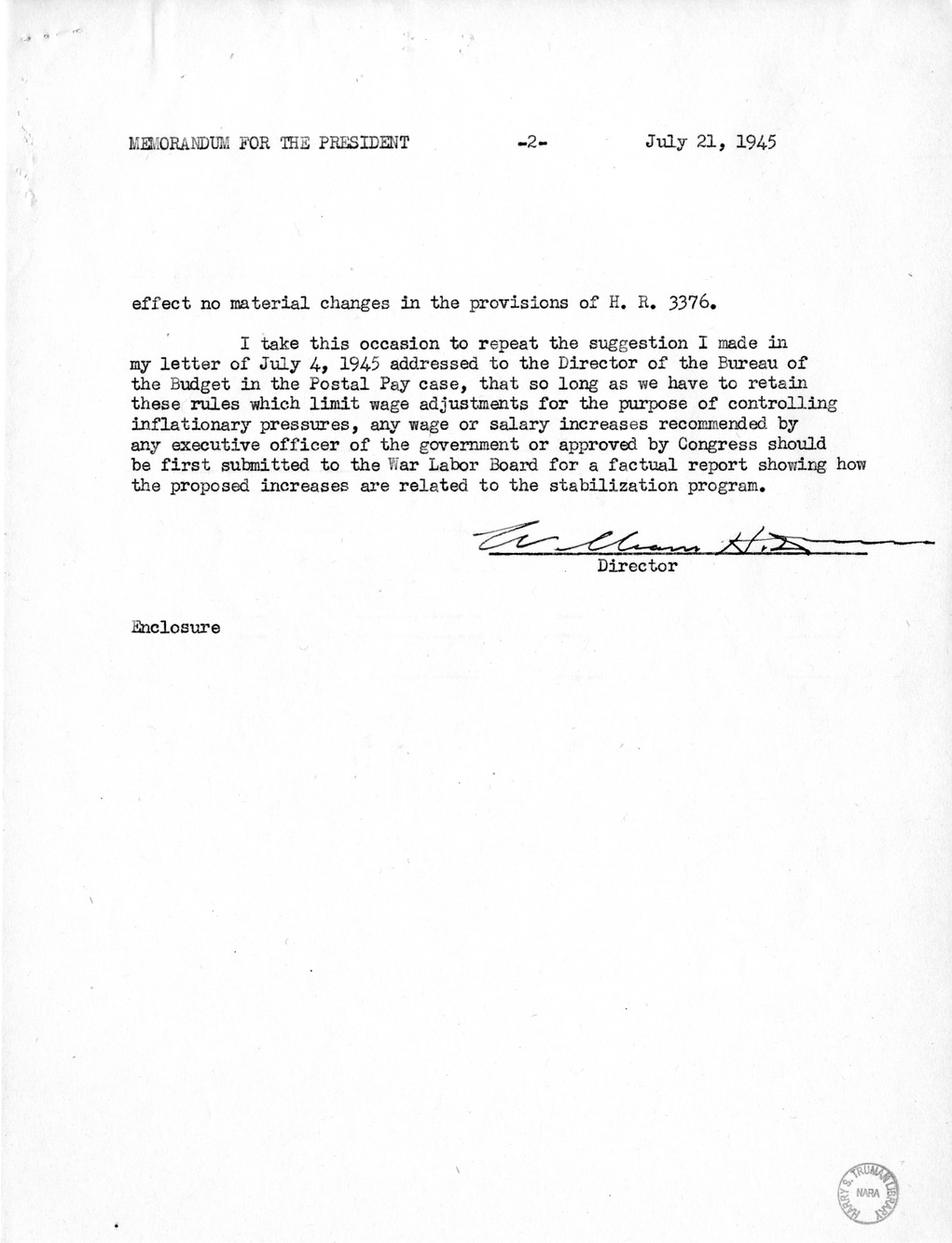 Memorandum from Harold D. Smith to M. C. Latta, H.R. 3376, To Fix and Regulate the Salaries of Teachers, School Officers, and Other Employees of the Board of Education of the District of Columbia, and for Other Purposes, with Attachments