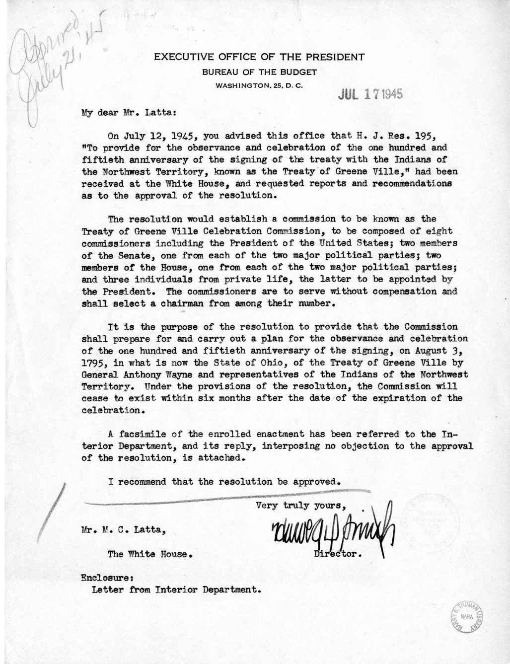 Memorandum from Harold D. Smith to M. C. Latta, H.J. Res. 195, To Provide for the Observance and Celebration of the One Hundred and Fiftieth Anniversary of the Signing of the Treaty with the Indians of the Northwest Territory, Known as the Treaty of Green