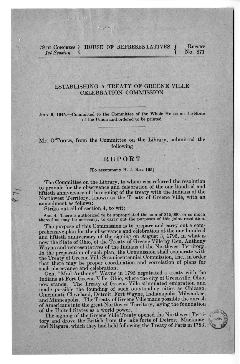 Memorandum from Harold D. Smith to M. C. Latta, H.J. Res. 195, To Provide for the Observance and Celebration of the One Hundred and Fiftieth Anniversary of the Signing of the Treaty with the Indians of the Northwest Territory, Known as the Treaty of Green