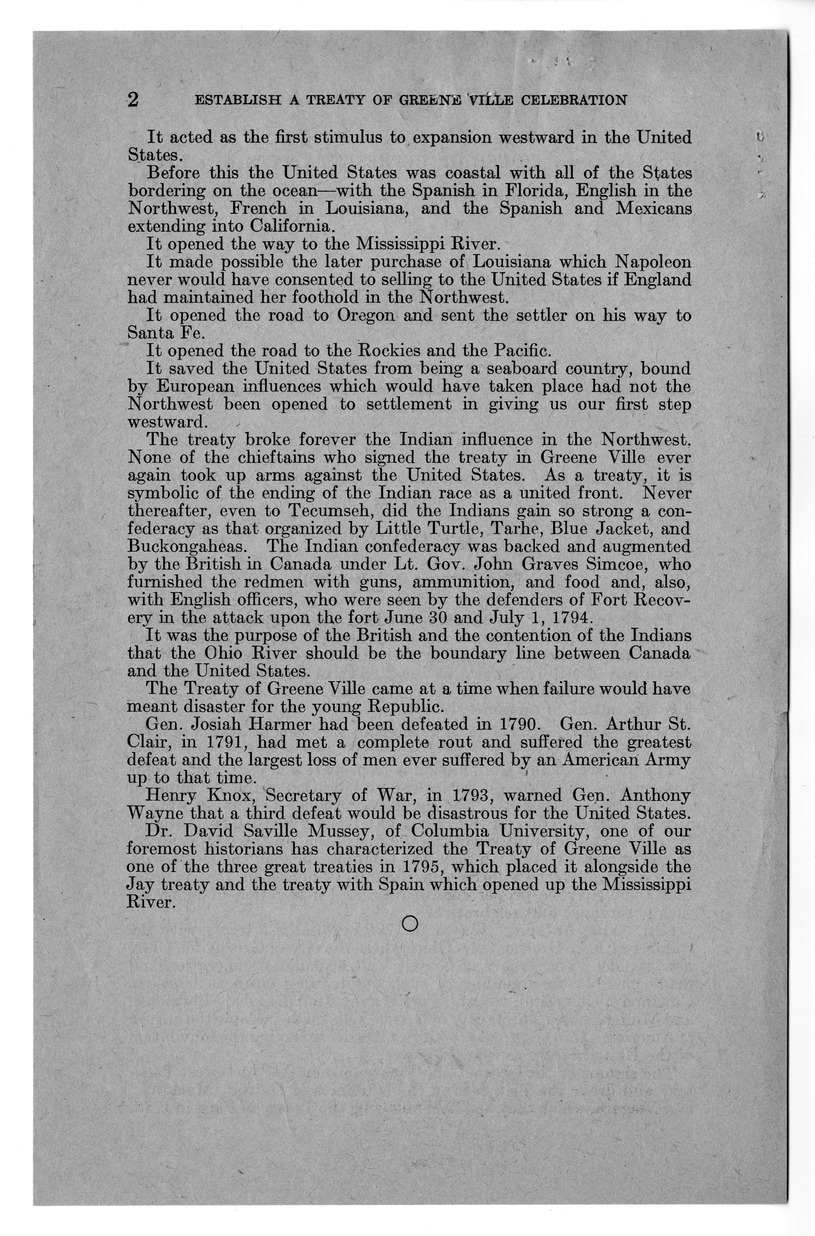 Memorandum from Harold D. Smith to M. C. Latta, H.J. Res. 195, To Provide for the Observance and Celebration of the One Hundred and Fiftieth Anniversary of the Signing of the Treaty with the Indians of the Northwest Territory, Known as the Treaty of Green
