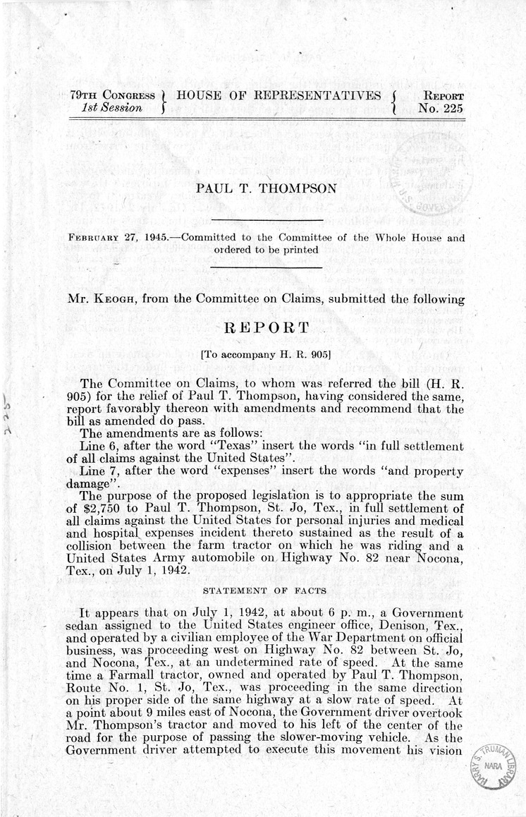 Memorandum from Harold D. Smith to M. C. Latta, H.R. 905, For the Relief of Paul T. Thompson, with Attachments