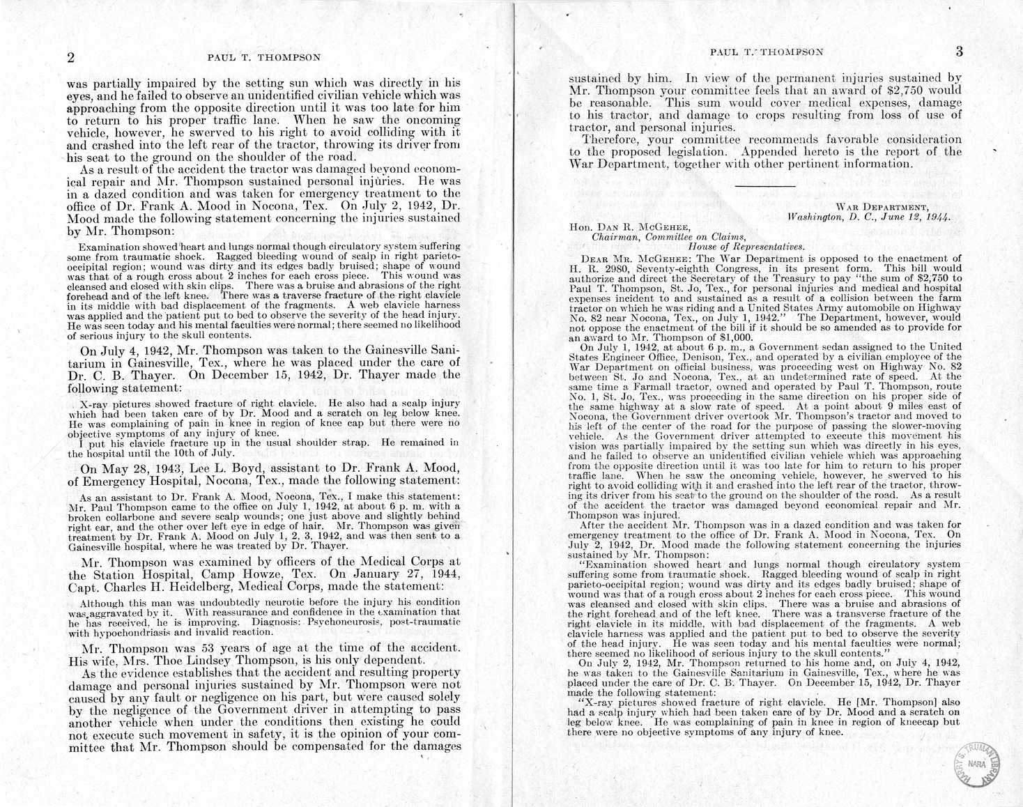 Memorandum from Harold D. Smith to M. C. Latta, H.R. 905, For the Relief of Paul T. Thompson, with Attachments