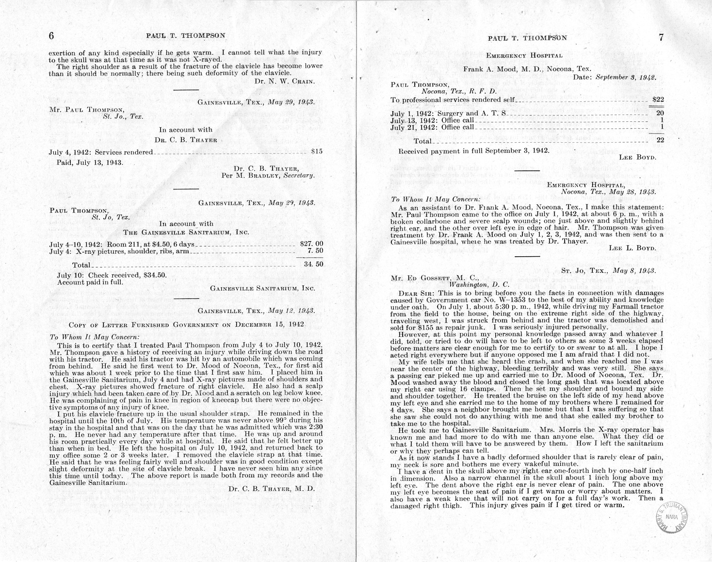 Memorandum from Harold D. Smith to M. C. Latta, H.R. 905, For the Relief of Paul T. Thompson, with Attachments