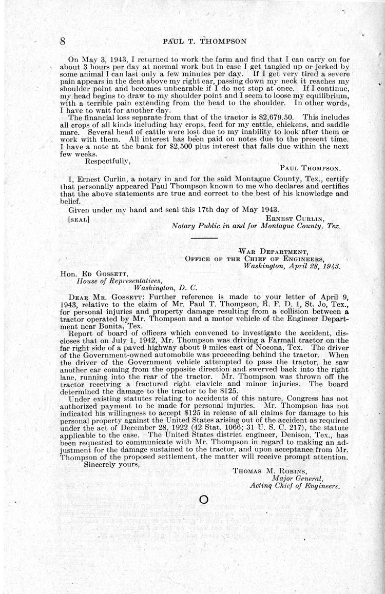 Memorandum from Harold D. Smith to M. C. Latta, H.R. 905, For the Relief of Paul T. Thompson, with Attachments