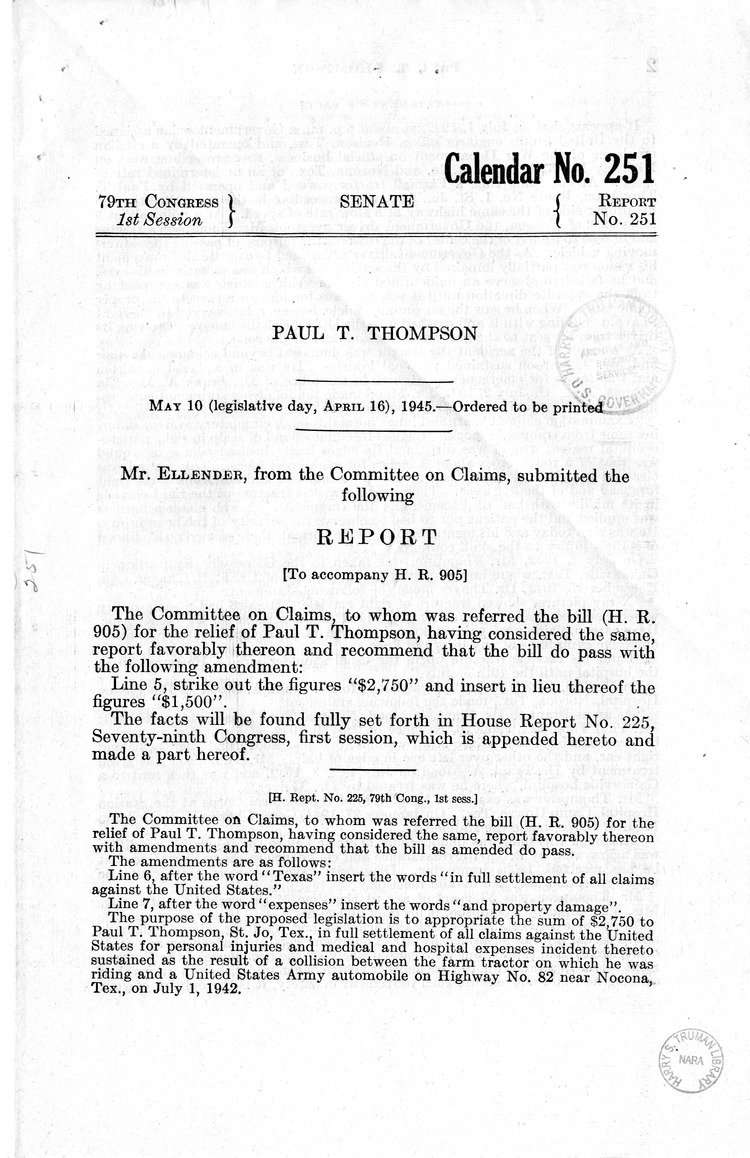 Memorandum from Harold D. Smith to M. C. Latta, H.R. 905, For the Relief of Paul T. Thompson, with Attachments