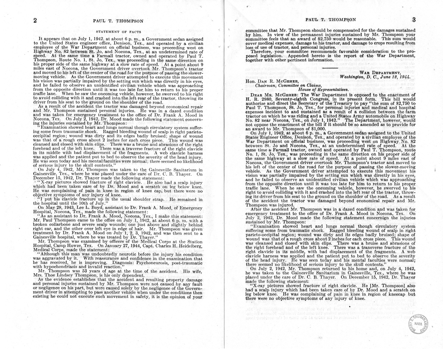 Memorandum from Harold D. Smith to M. C. Latta, H.R. 905, For the Relief of Paul T. Thompson, with Attachments
