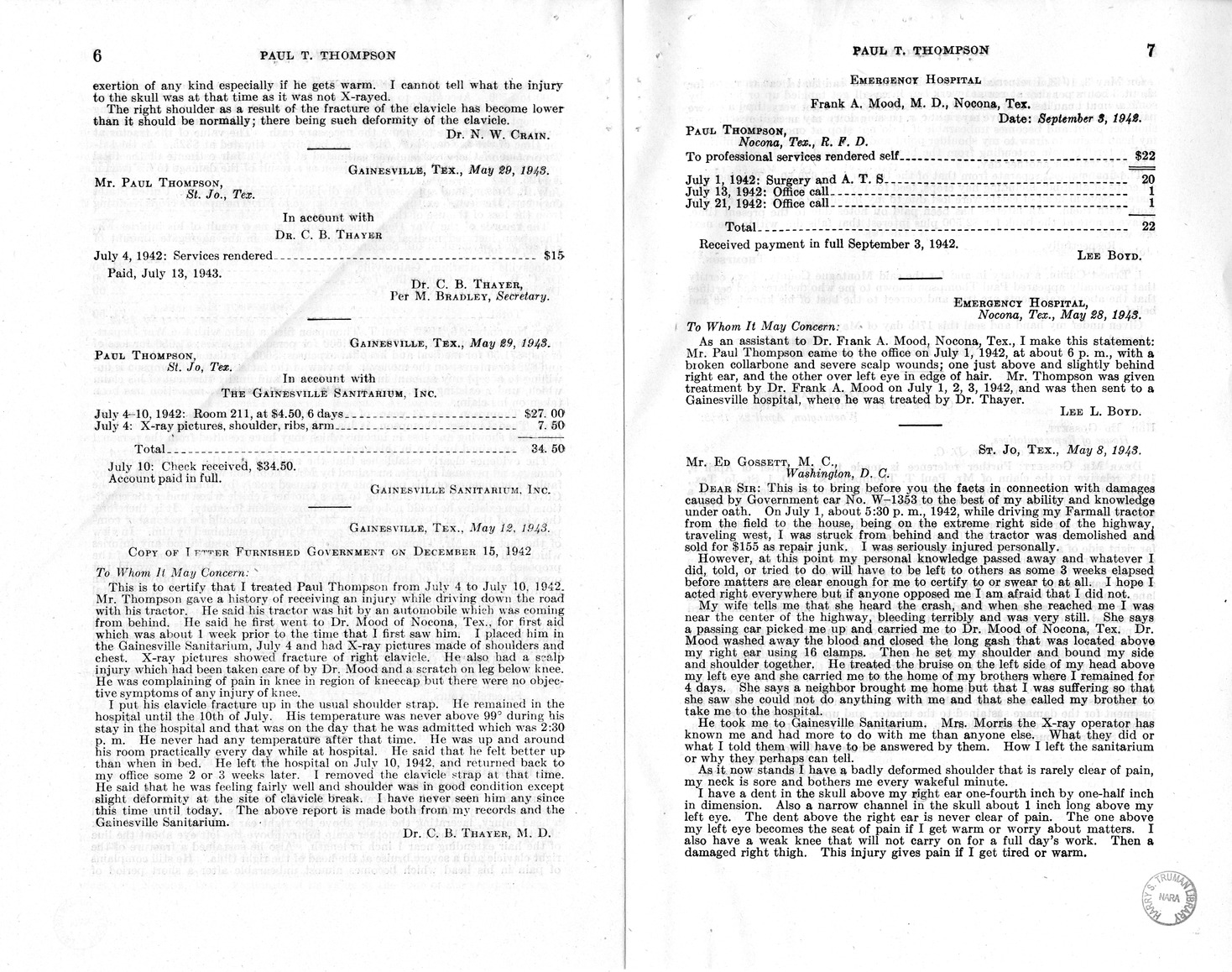 Memorandum from Harold D. Smith to M. C. Latta, H.R. 905, For the Relief of Paul T. Thompson, with Attachments