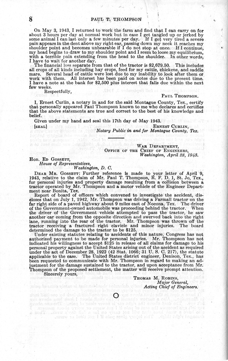 Memorandum from Harold D. Smith to M. C. Latta, H.R. 905, For the Relief of Paul T. Thompson, with Attachments
