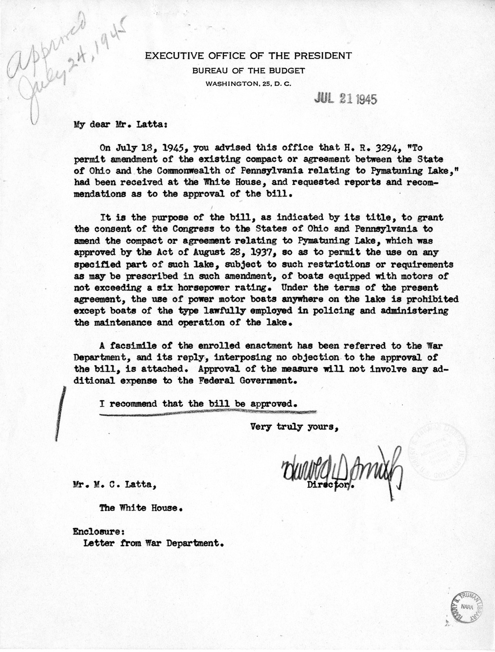 Memorandum from Harold D. Smith to M. C. Latta, H.R. 3294, To Permit Amendment of the Existing Compact or Agreement Between the State of Ohio and the Commonwealth of Pennsylvania Relating to Pymatuning Lake, with Attachments
