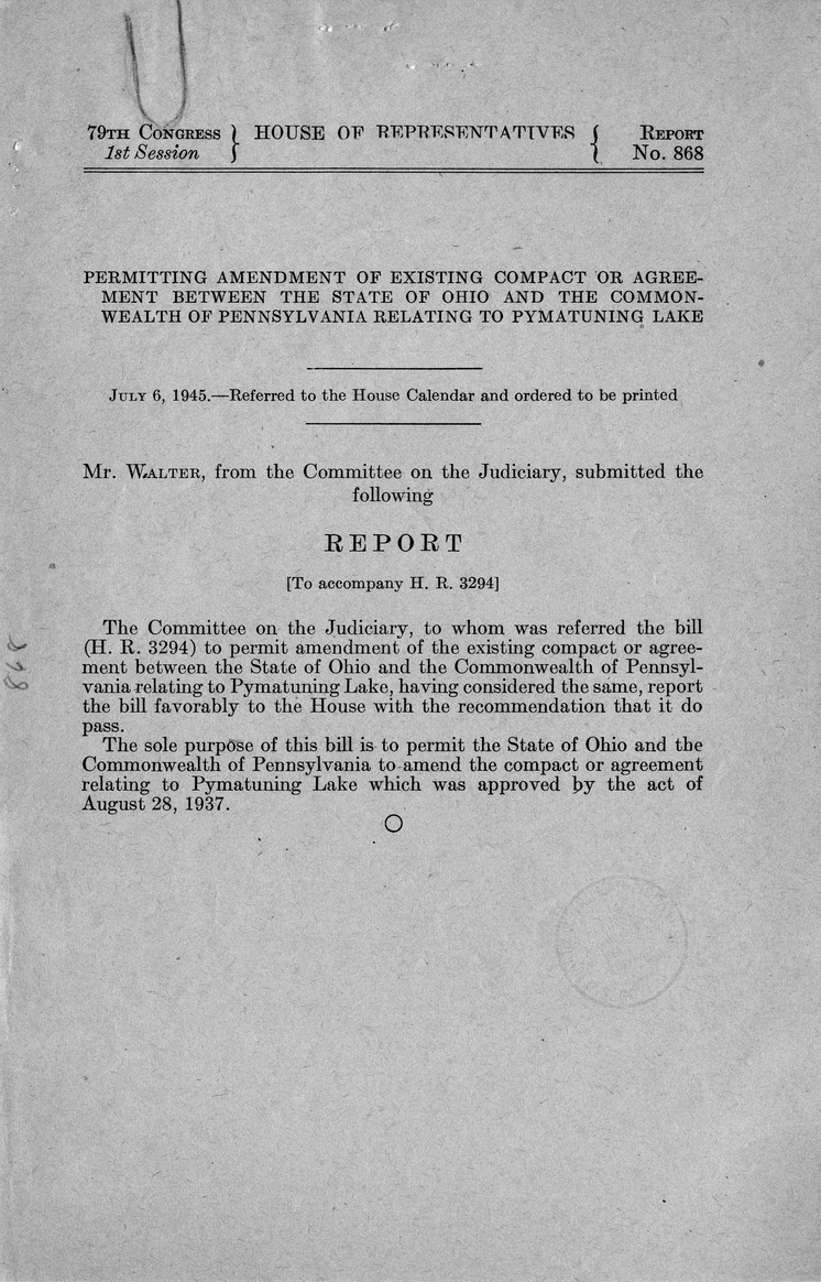 Memorandum from Harold D. Smith to M. C. Latta, H.R. 3294, To Permit Amendment of the Existing Compact or Agreement Between the State of Ohio and the Commonwealth of Pennsylvania Relating to Pymatuning Lake, with Attachments