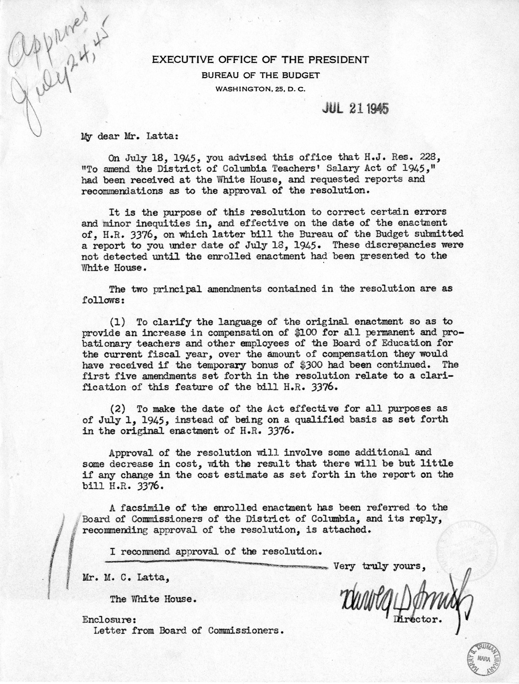 Memorandum from Harold D. Smith to M. C. Latta, H.J. Res. 228, To Amend the District of Columbia Teachers' Salary Act of 1945, with Attachments