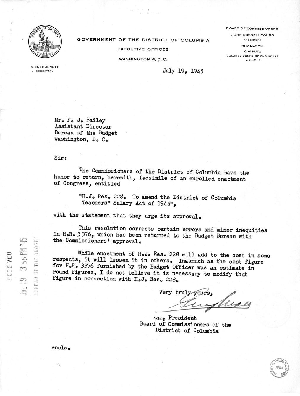 Memorandum from Harold D. Smith to M. C. Latta, H.J. Res. 228, To Amend the District of Columbia Teachers' Salary Act of 1945, with Attachments