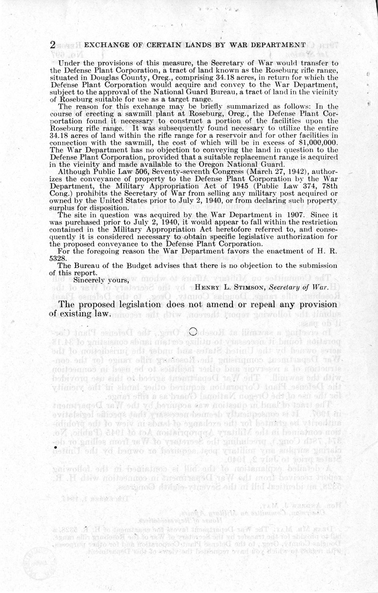 Memorandum from Harold D. Smith to M. C. Latta, H.R. 715, To Provide the Transfer by the Secretary of War of the Roseburg Rifle Range, Douglas County, Oregon, to the Reconstruction Finance Corporation, and for Other Purposes, with Attachments