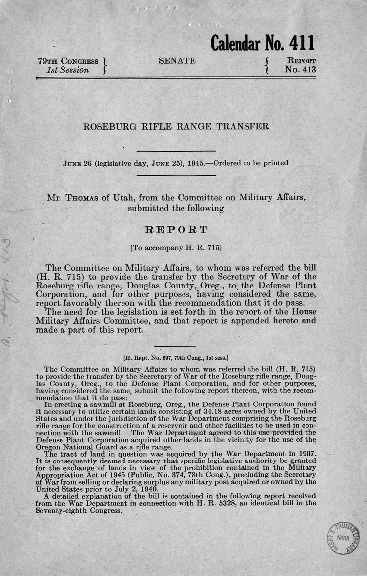 Memorandum from Harold D. Smith to M. C. Latta, H.R. 715, To Provide the Transfer by the Secretary of War of the Roseburg Rifle Range, Douglas County, Oregon, to the Reconstruction Finance Corporation, and for Other Purposes, with Attachments