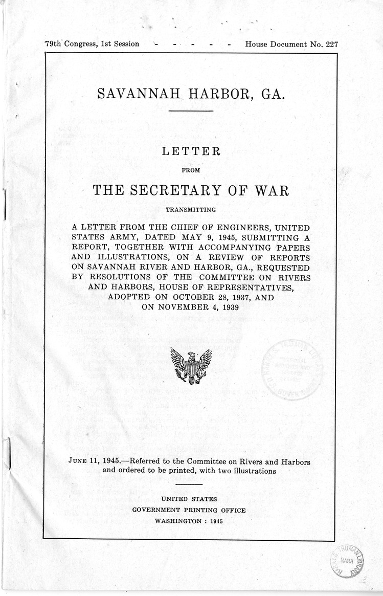 Memorandum from Harold D. Smith to M. C. Latta, H.R. 3477, Authorizing the Improvement of Certain Harbors in the Interest of Commerce and Navigation, with Attachments