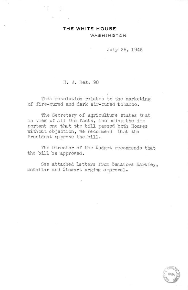 Memorandum from Harold D. Smith to M. C. Latta, H.J. Res. 98, Relating to the Marketing of Fire-Cured and Dark Air-Cured Tobacco Under the Agricultural Adjustment Act of 1938, as Amended, with Attachments