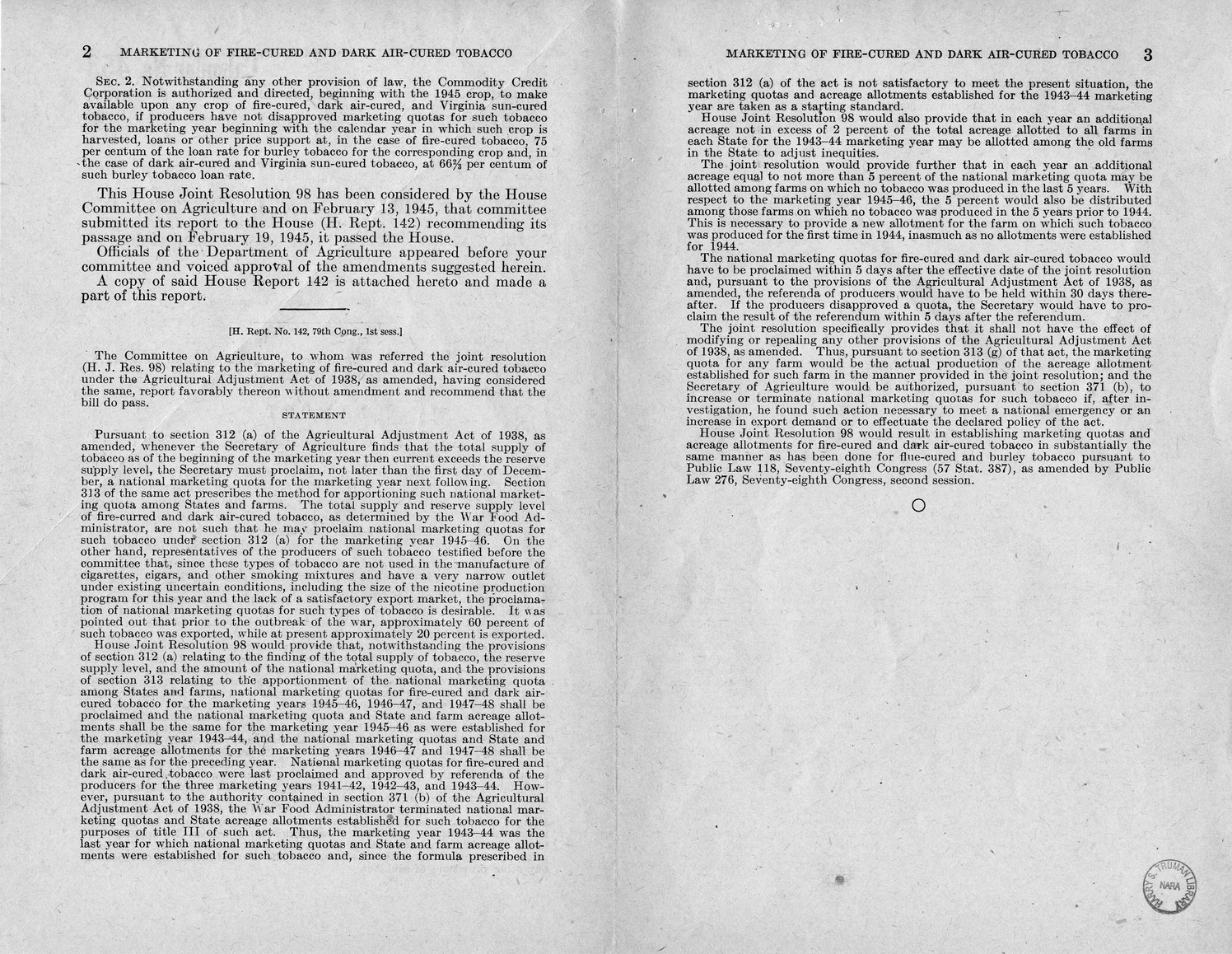 Memorandum from Harold D. Smith to M. C. Latta, H.J. Res. 98, Relating to the Marketing of Fire-Cured and Dark Air-Cured Tobacco Under the Agricultural Adjustment Act of 1938, as Amended, with Attachments