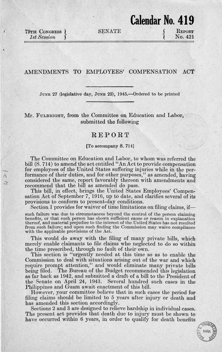 Memorandum from Harold D. Smith to M. C. Latta, S. 714, To Amend An Act to Provide Compensation for Employees of the United States Suffering Injuries While in the Performance of Their Duties, with Attachments