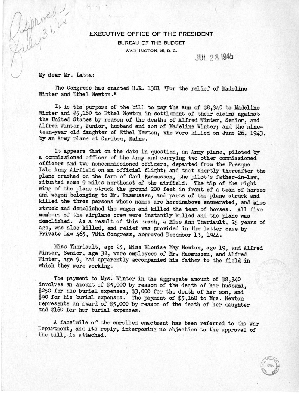 Memorandum from Harold D. Smith to M. C. Latta, H.R. 1301, For the Relief of Madeline Winter and Ethel Newton, with Attachments