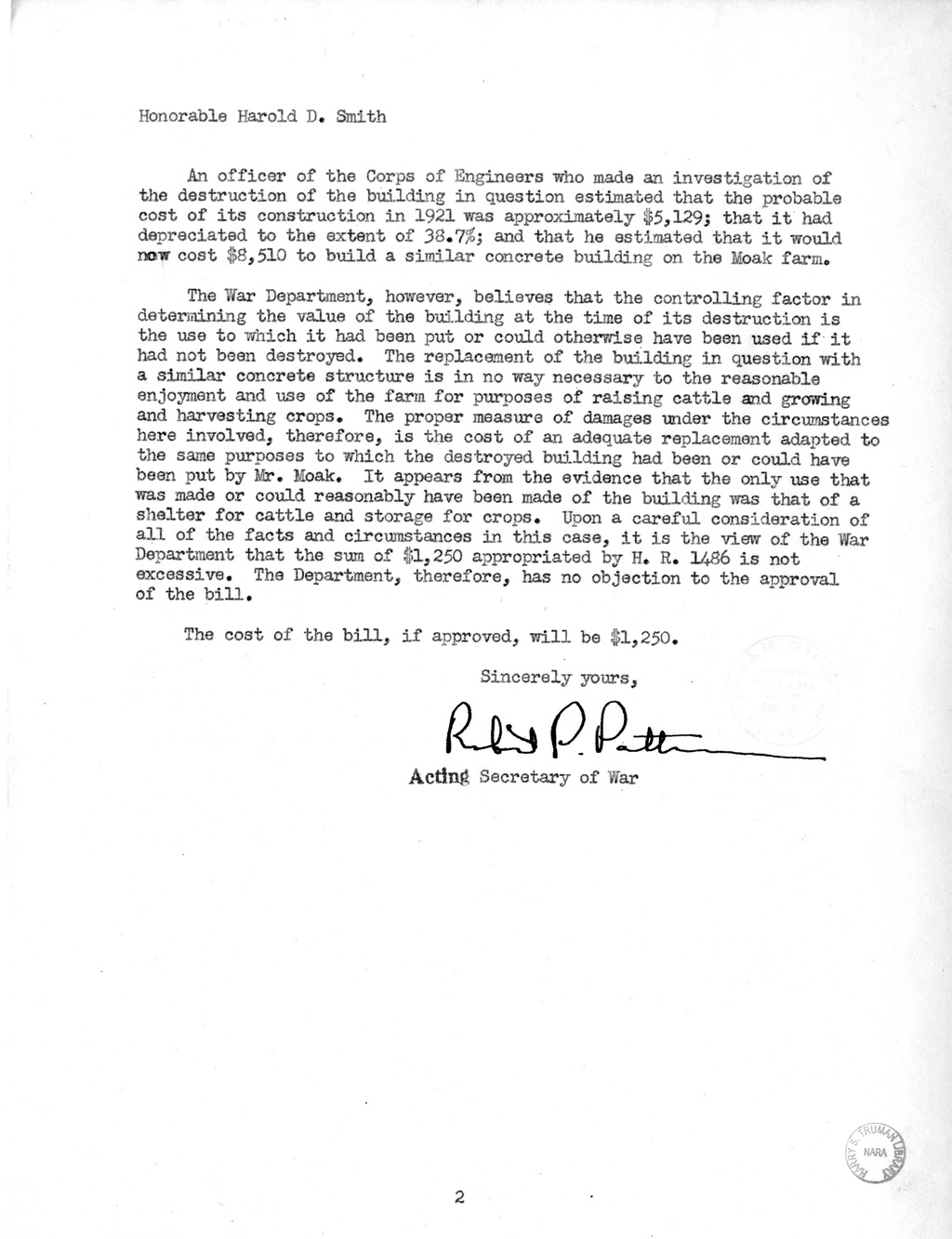 Memorandum from Harold D. Smith to M. C. Latta, H.R. 1486, For the Relief of Sam D. Moak, with Attachments