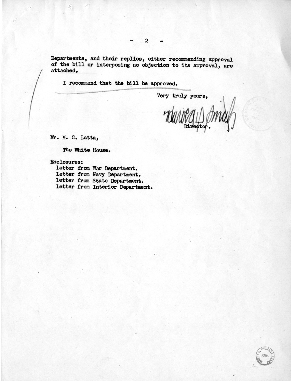Memorandum from Harold D. Smith to M. C. Latta, H.R. 3111, To Amend An Act to Provide for the Prompt Settlement of Claims for Damages Occasioned by Army, Navy, and Marine Corps Forces in Foreign Countries, with Attachments