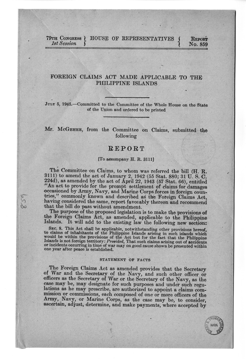 Memorandum from Harold D. Smith to M. C. Latta, H.R. 3111, To Amend An Act to Provide for the Prompt Settlement of Claims for Damages Occasioned by Army, Navy, and Marine Corps Forces in Foreign Countries, with Attachments