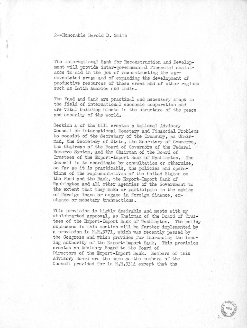 Memorandum from Harold D. Smith to M. C. Latta, H.R. 3314, to Provide for the Participation of the United States in the International Monetary Fund and the International Bank for Reconstruction and Development, with Attachments