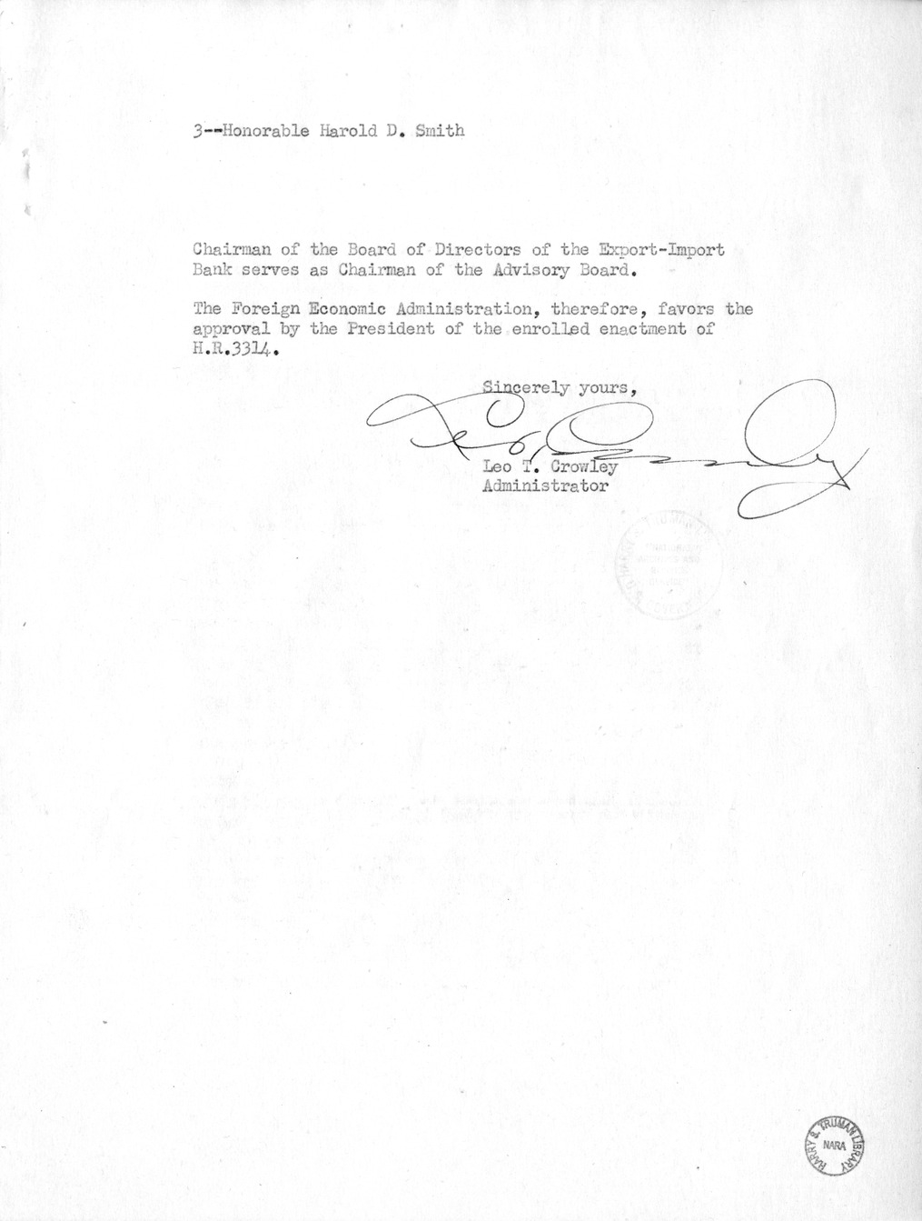 Memorandum from Harold D. Smith to M. C. Latta, H.R. 3314, to Provide for the Participation of the United States in the International Monetary Fund and the International Bank for Reconstruction and Development, with Attachments