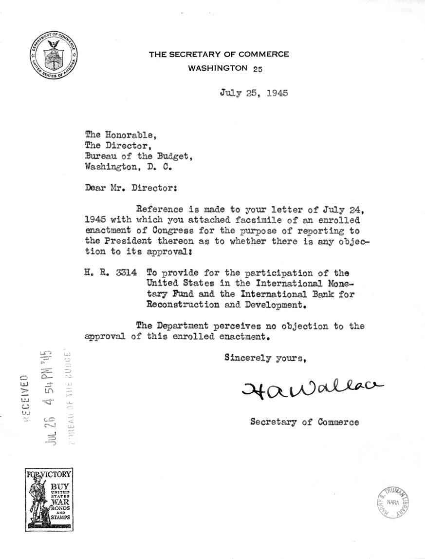 Memorandum from Harold D. Smith to M. C. Latta, H.R. 3314, to Provide for the Participation of the United States in the International Monetary Fund and the International Bank for Reconstruction and Development, with Attachments