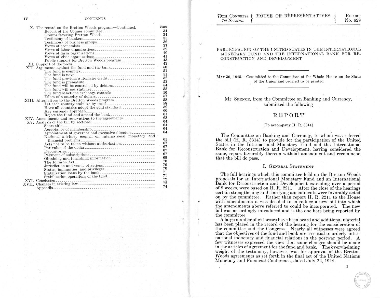 Memorandum from Harold D. Smith to M. C. Latta, H.R. 3314, to Provide for the Participation of the United States in the International Monetary Fund and the International Bank for Reconstruction and Development, with Attachments