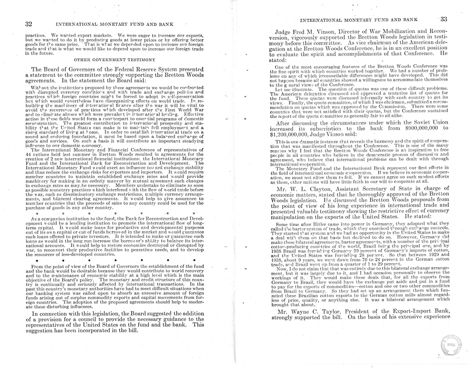 Memorandum from Harold D. Smith to M. C. Latta, H.R. 3314, to Provide for the Participation of the United States in the International Monetary Fund and the International Bank for Reconstruction and Development, with Attachments